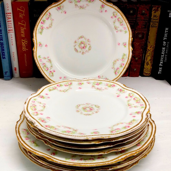 Vintage Other - O565 George Borgfeldt 8 pc Set Dinner/Salad Plates Pink/Green with Gold Trim